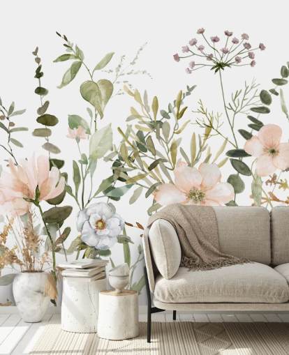 pastel pink and green floral wallpaper mural called Botanical Sketchbook for lounges, nurseries and bedrooms