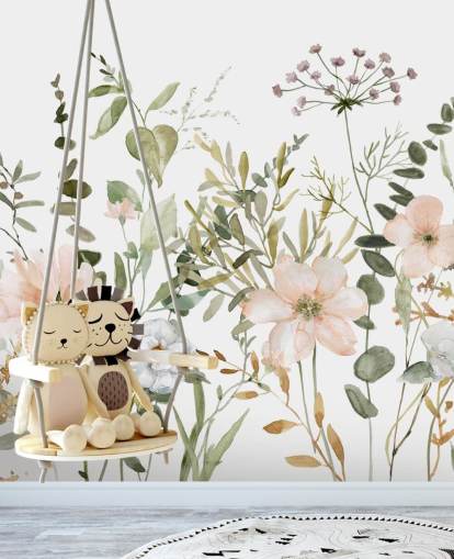 pastel pink and green floral wallpaper mural called Botanical Sketchbook for lounges, nurseries and bedrooms pastel pink and green floral wallpaper mural called Botanical Sketchbook for lounges, nurseries and bedrooms