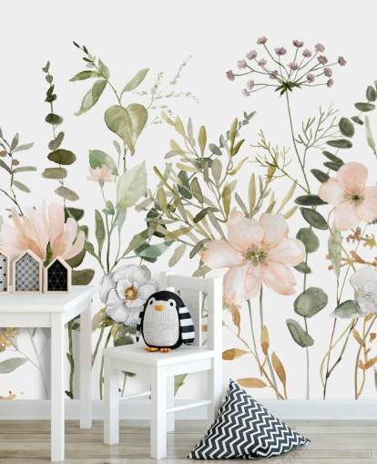 pastellrosa und grüne Blumentapete namens Botanical Sketchbook für Lounges, Kinderzimmer und Schlafzimmer