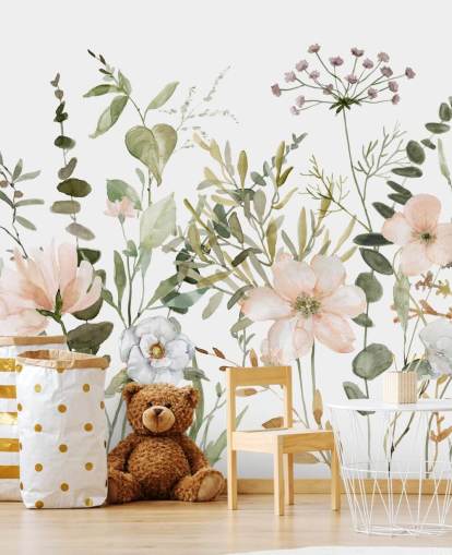 mural de papel pintado floral rosa y verde pastel llamado Botanical Sketchbook para salones, guarderías y dormitorios mural de papel pintado floral rosa y verde pastel llamado Botanical Sketchbook para salones, guarderías y dormitorios