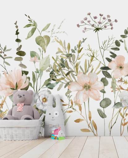 pastellrosa og grønt blomstertapet vægmaleri kaldet Botanical Sketchbook til lounger, planteskoler og soveværelser pastellrosa og grønt blomstertapet vægmaleri kaldet Botanical Sketchbook til lounger, planteskoler og soveværelser