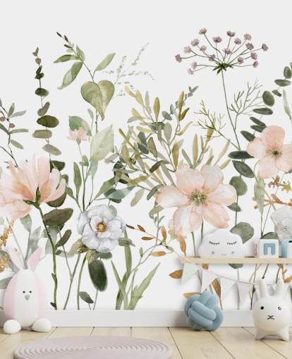 pastellrosa og grønt blomstertapet veggmaleri kalt Botanical Sketchbook for salonger, barnehager og soverom