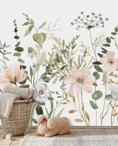 pastel pink and green floral wallpaper mural called Botanical Sketchbook for lounges, nurseries and bedrooms