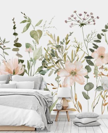 papier peint floral rose pastel et vert appelé Botanical Sketchbook pour les salons, les crèches et les chambres papier peint floral rose pastel et vert appelé Botanical Sketchbook pour les salons, les crèches et les chambres