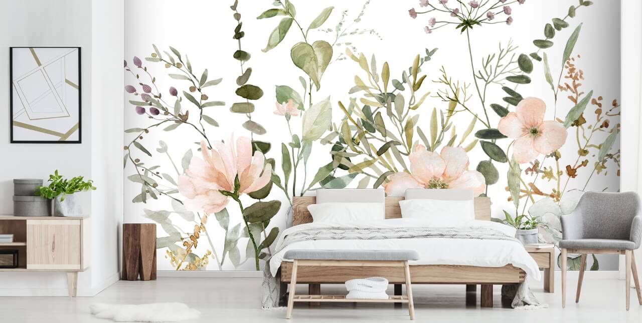 pastellrosa og grønt blomstertapet veggmaleri kalt Botanical Sketchbook for salonger, barnehager og soverom