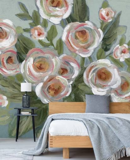 white and pink roses and green leaves painting wallpaper