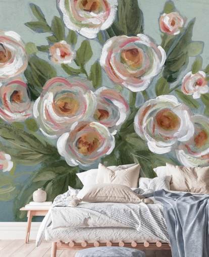 white and pink roses and green leaves painting wallpaper