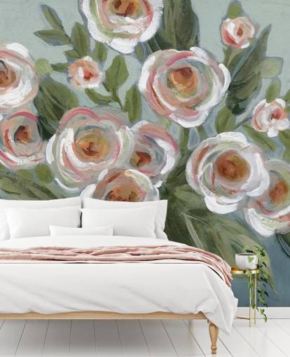 papel pintado de rosas blancas y rosas y hojas verdes