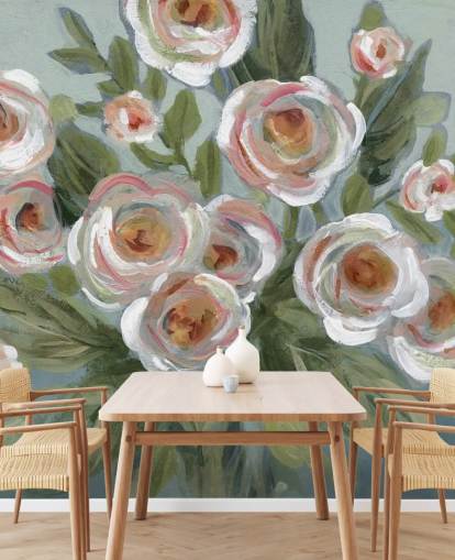 rosas brancas e rosa e folhas verdes pintando papel de parede