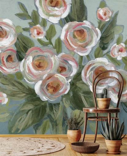 papel pintado de rosas blancas y rosas y hojas verdes