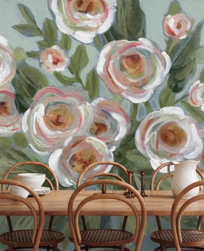 witte en roze rozen en groene bladeren schilderen behang