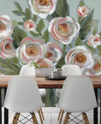 white and pink roses and green leaves painting wallpaper