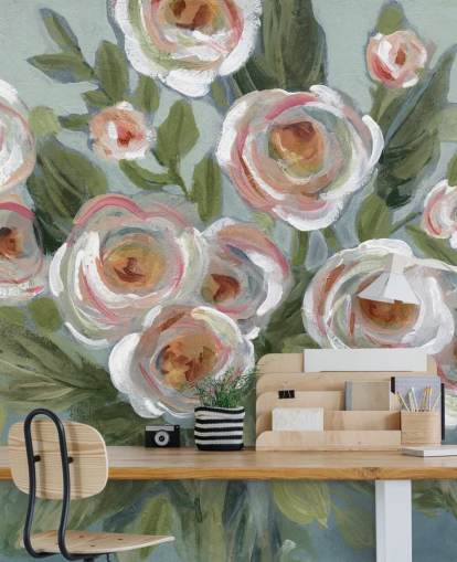 witte en roze rozen en groene bladeren schilderen behang witte en roze rozen en groene bladeren schilderen behang