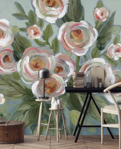 white and pink roses and green leaves painting wallpaper