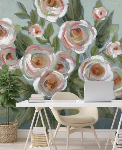 papier peint de peinture de roses et de feuilles vertes blanches et roses