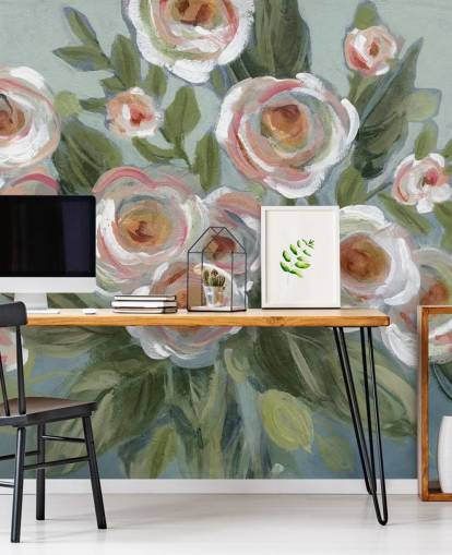 white and pink roses and green leaves painting wallpaper