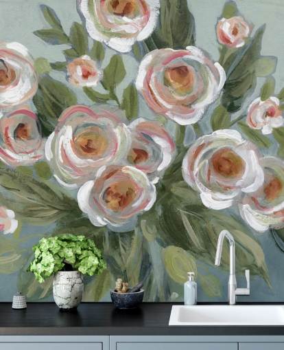 witte en roze rozen en groene bladeren schilderen behang