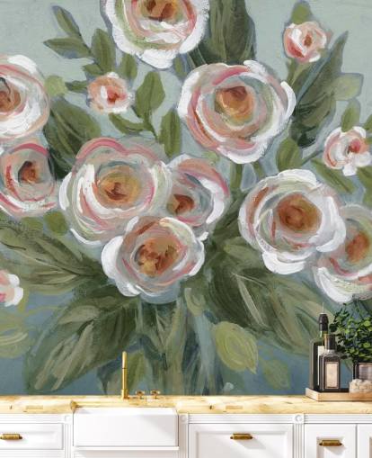 white and pink roses and green leaves painting wallpaper