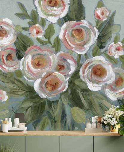 papier peint de peinture de roses et de feuilles vertes blanches et roses