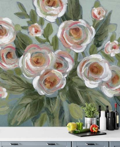 rosas brancas e rosa e folhas verdes pintando papel de parede