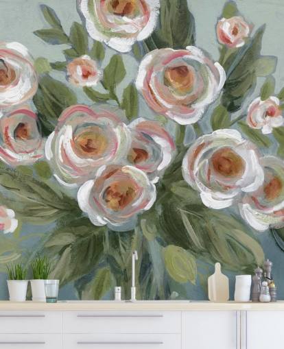 weiße und rosa Rosen und grüne Blätter Maltapete