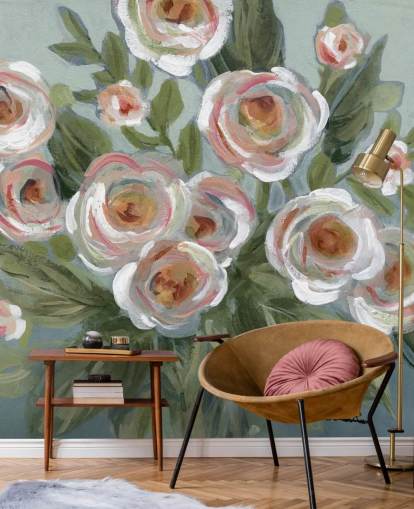 witte en roze rozen en groene bladeren schilderen behang