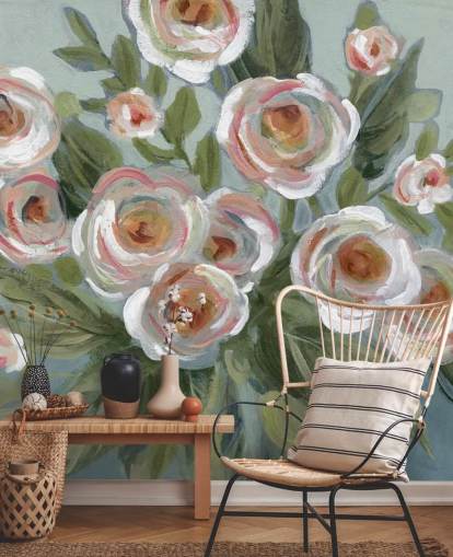 white and pink roses and green leaves painting wallpaper