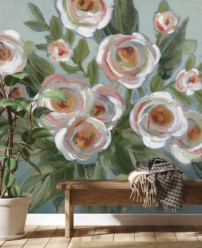 carta da parati con rose bianche e rosa e foglie verdi