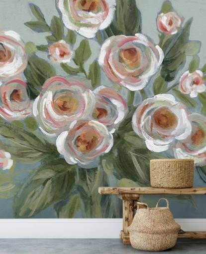 white and pink roses and green leaves painting wallpaper