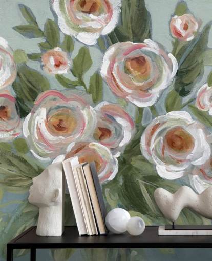 witte en roze rozen en groene bladeren schilderen behang