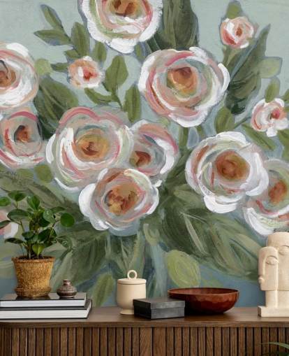 white and pink roses and green leaves painting wallpaper