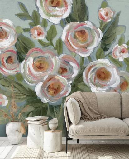 papier peint de peinture de roses et de feuilles vertes blanches et roses