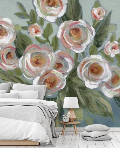 witte en roze rozen en groene bladeren schilderen behang