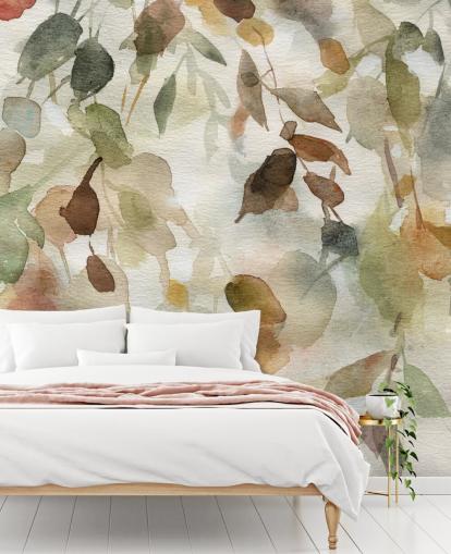 neutral floral wallpaper mural called Fall Cascade by Carol Robinson for living rooms and bedrooms