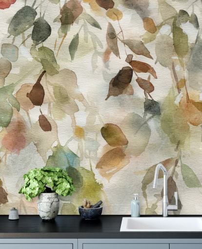 mural de papel pintado floral neutro llamado Fall Cascade de Carol Robinson para salas de estar y dormitorios