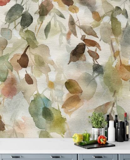 carta da parati murale floreale neutra chiamata Fall Cascade di Carol Robinson per salotti e camere da letto