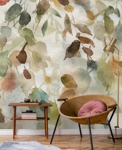 mural de papel pintado floral neutro llamado Fall Cascade de Carol Robinson para salas de estar y dormitorios