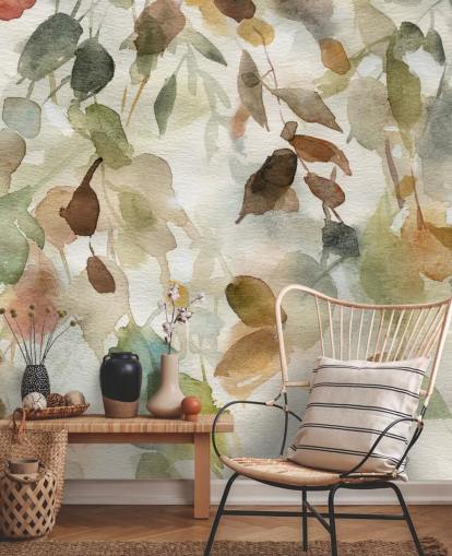 neutral floral wallpaper mural called Fall Cascade by Carol Robinson for living rooms and bedrooms