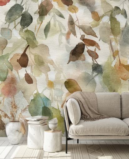 neutral floral wallpaper mural called Fall Cascade by Carol Robinson for living rooms and bedrooms