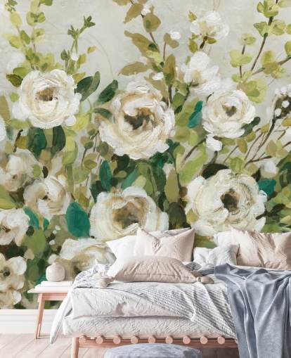 off white roses and green leaves painting wallpaper