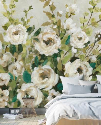 papel pintado de rosas blancas y hojas verdes