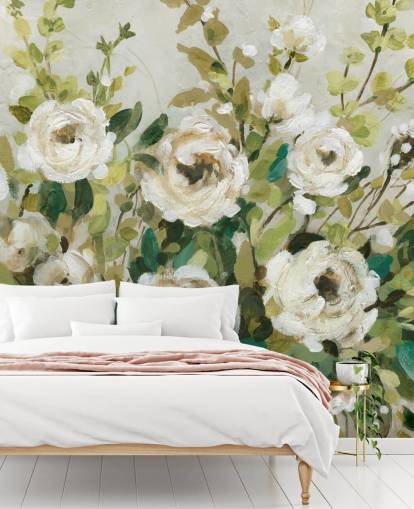 off white roses and green leaves painting wallpaper
