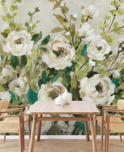 papel pintado de rosas blancas y hojas verdes