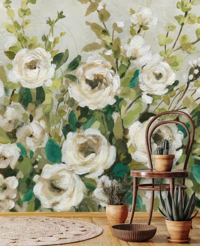 gebroken witte rozen en groene bladeren schilderen behang