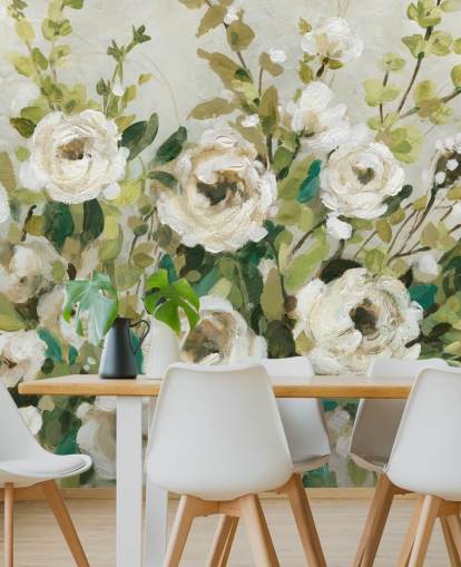 off white roses and green leaves painting wallpaper