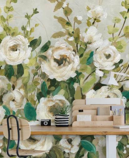 off white roses and green leaves painting wallpaper