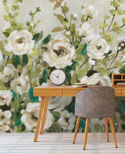 papier peint de peinture de roses et de feuilles vertes