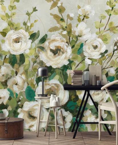 off white roses and green leaves painting wallpaper