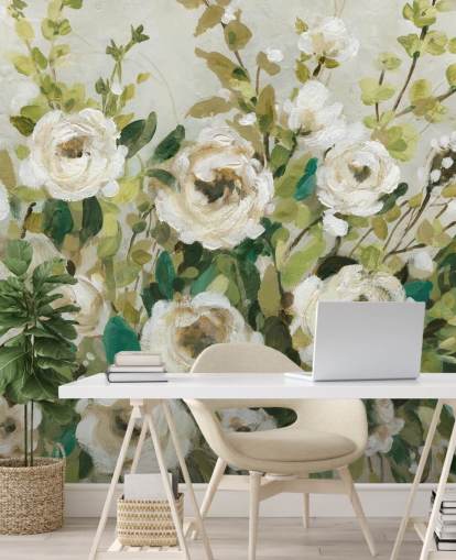 off white roses and green leaves painting wallpaper