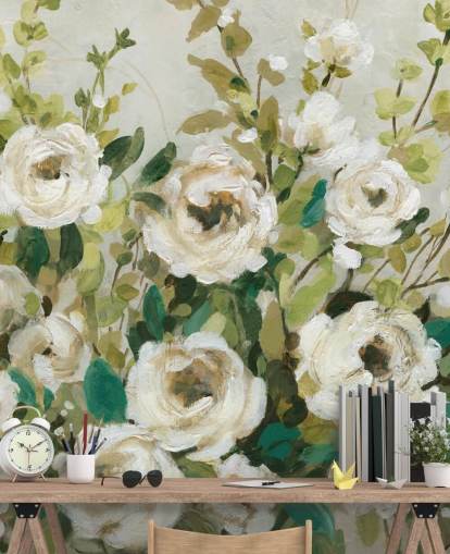 papier peint de peinture de roses et de feuilles vertes